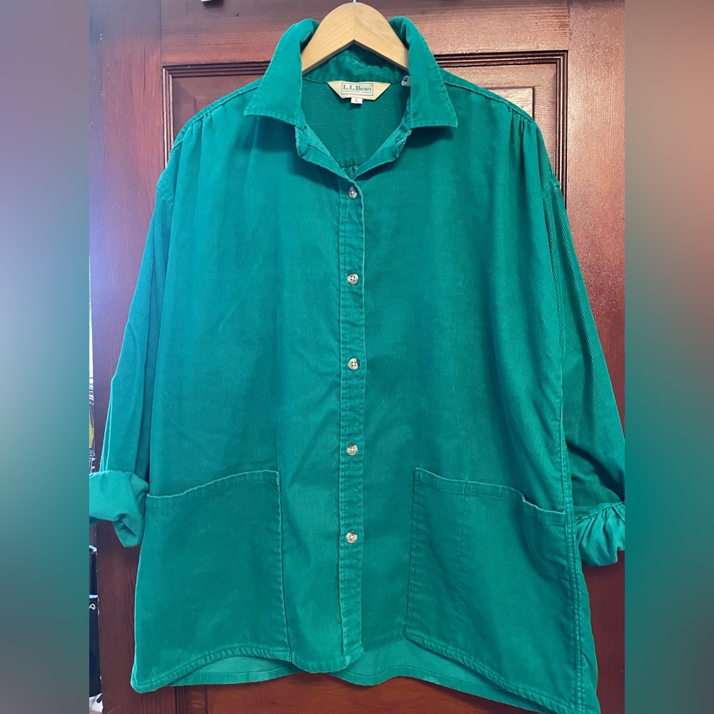 Vintage LL Bean Chore Shirt Shacket Womens Green Corduroy Jacket With Pockets